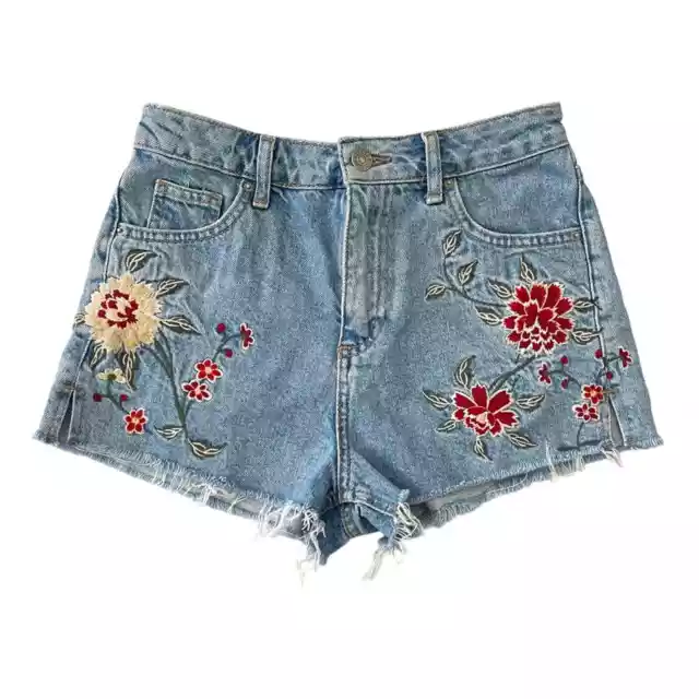 Topshop Womens Moto Mom Jean Shorts Floral Embroidery Size 2 Blue Denim