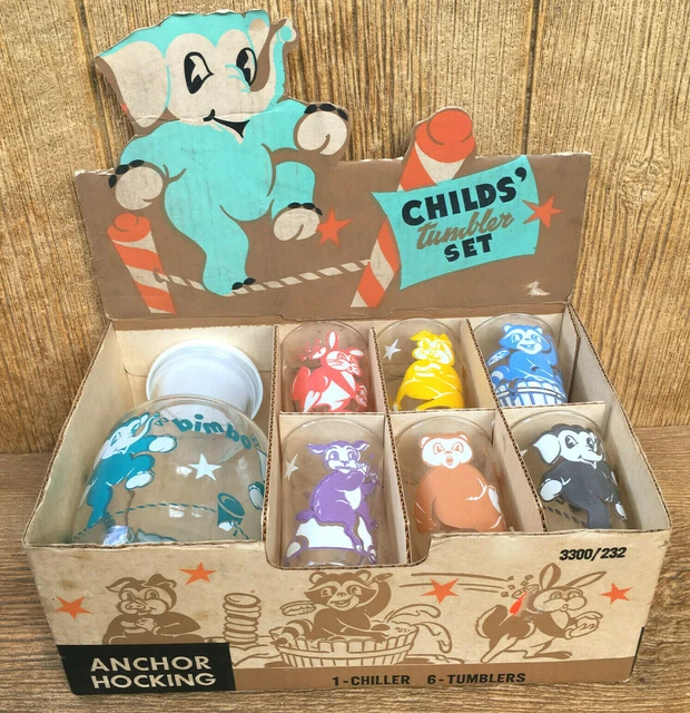 VINTAGE 1964 ANCHOR Hocking Glass Child’s Bimbo Elephant & Friends