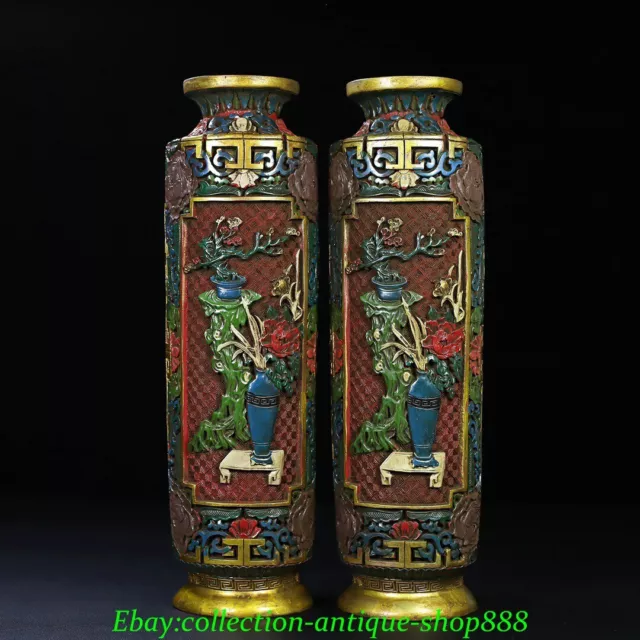 China Dynasty Old Wood Lacquerware Painting Peony Flower Bottle Vase Jar Pair