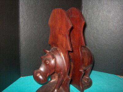 Hippopotimus "Beautiful" Solid Wood Hand Carved Bookends "Vintage" Old Bookends