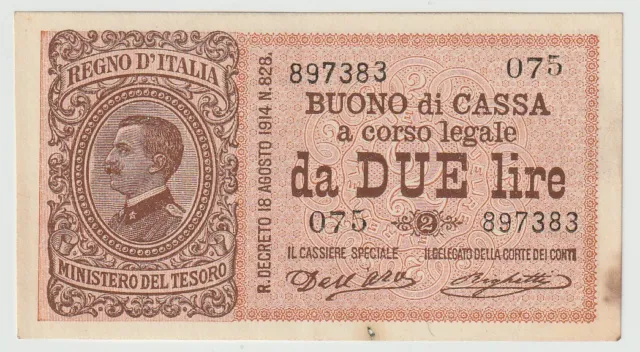 Italy 2 Lire Change Banknote 1914 About Uncirculated Condition Pick#37-A"King"