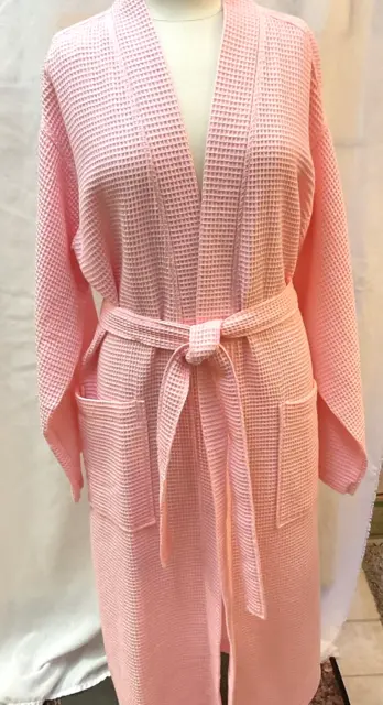 Chakra Linen Pink Waffle Weave Long Spa Robe XL Resort Bathrobe Cotton Poly