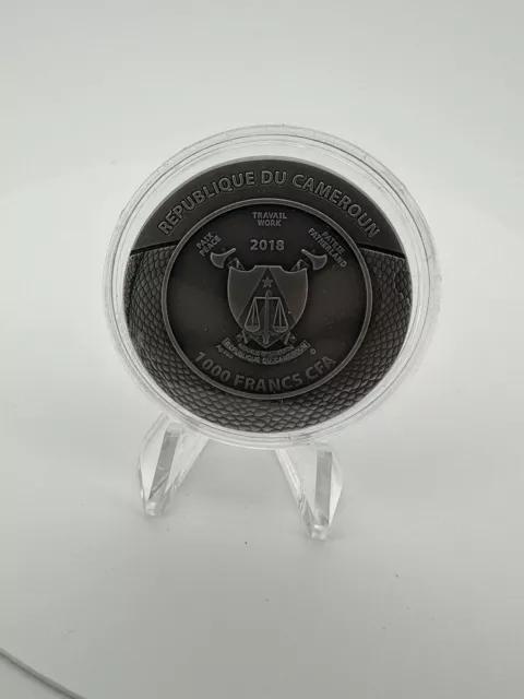 2018 1 Oz Silver 1000 Francs Cameroon CARVED SKULL  Antiqued Coin 3