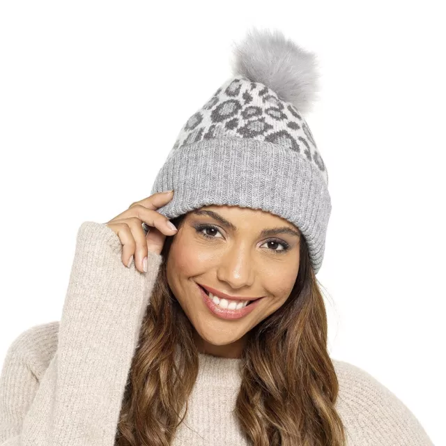 Donna Maglia Animale Leopardato con Pon Inverno Sci Cappello IN Abbinato Pompon