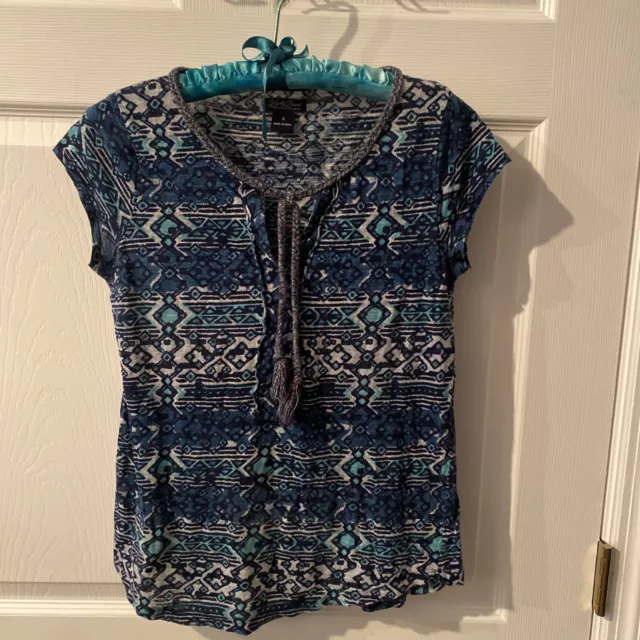 Lucky Brand Boho Blouse Size S Multicolor Ikat Print Short Sleeve