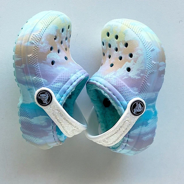 CROCS Girl's Toddler 5 Classic Ombre Fur Lined Clogs Slippers Tie Die Blue Green