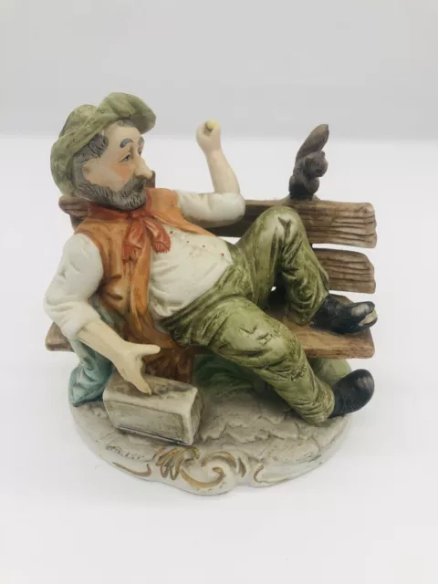 Vintage Capodimonte Old Man Tramp on Bench w Squirrel Figurine Porcelain RARE