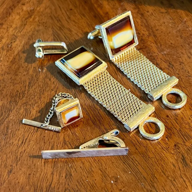 Dante Mesh Wrap Cufflink Tie Tack Pin set ~ Stone Gold Tone Vintage Lot Krementz