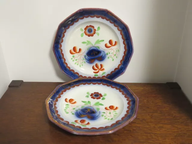 2 Antique Gaudy Welsh, Flow Blue, Copper Luster 10-Sided Plates, Floral, Pearl W