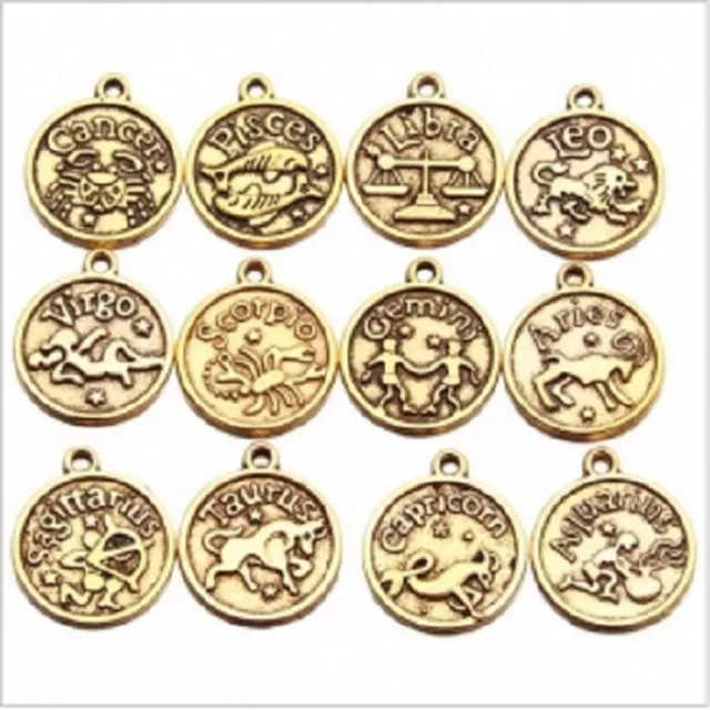 Antique Golden Gold Alloy Indian Western Zodiac Coin Pendant 20mm + Necklace