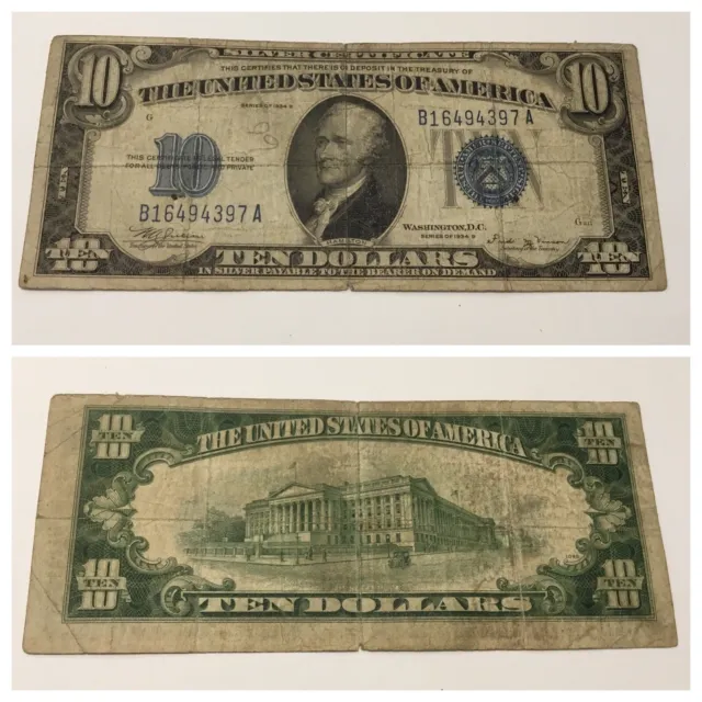VINTAGE rare 1934-B SILVER CERTIFICATE $10 VINSON TEN DOLLAR BILL HAMILTON