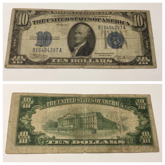 Vintage Rare 1934-B Silver Certificate $10 Vinson Ten Dollar Bill Hamilton