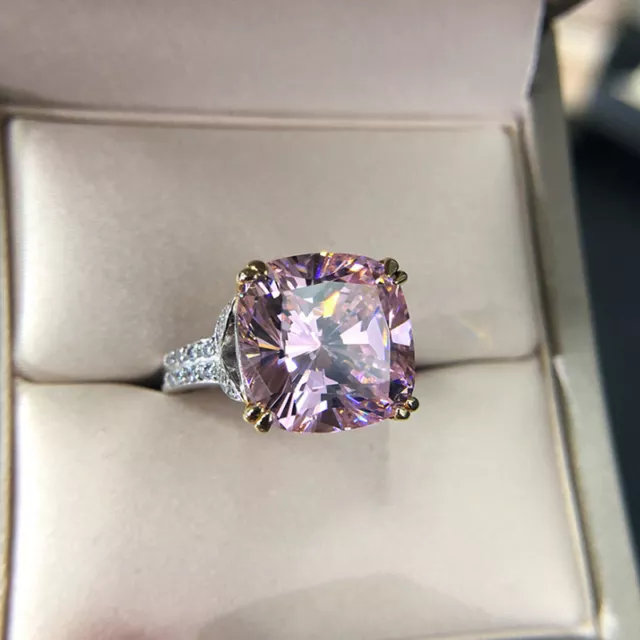 3Ct Cushion Cut Pink Sapphire Two Tone Engagement Ring 14K White Gold Finish