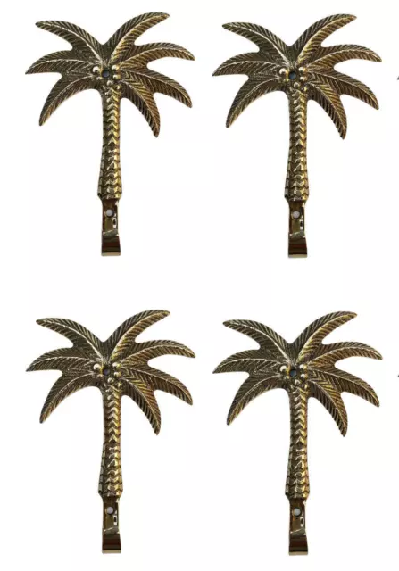 Lot of 4 Brass Palm Tree Wall Coat Hook Bathroom Towel Door Hanger a/u