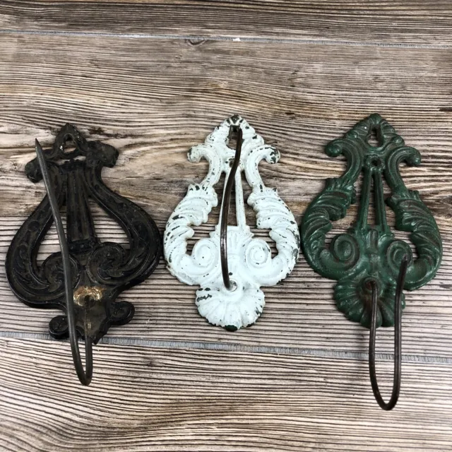 3 Vintage Antique Ornate Detailed Cast Iron Receipt Wall Hooks