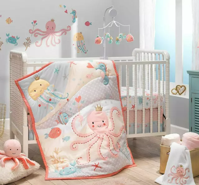 Bedtime Originals Ocean Friends Baby Cot Quilt Sheet Set 3 Pc Coral Beach