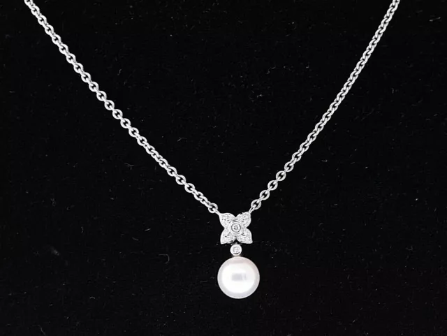 MIKIMOTO 18k White Gold 7.5mm Pearl & Diamond Flower Cable Chain Necklace