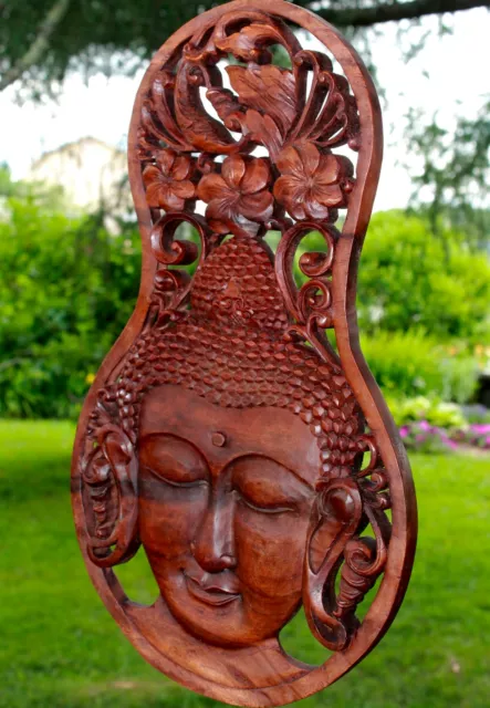 Buddha Wall Panel Plaque Hand carved Wood Sculpture Balinese art Boho Decor 2