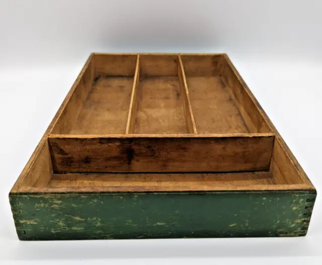 Antique Primitive 1920 Painted Wooden Cutlery Tray Soft Green Nice Patina