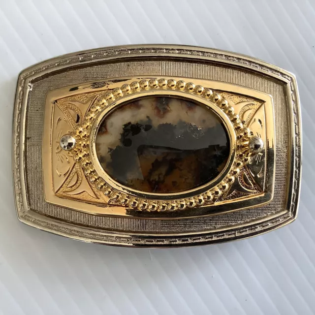 Western Belt Buckle with Large Natural Picture Jasper Agate Stone & Brass Finish
