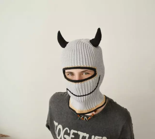 Devil knitted balaclava ski mask with horns men women Custom beanie hat crochet