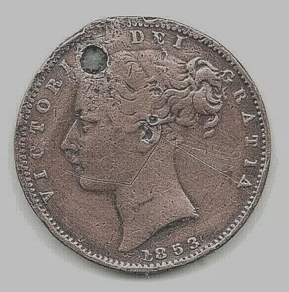 1853 Early VICTORIAN Large Copper Farthing .(Pierced)