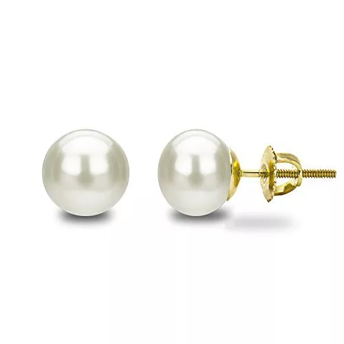 Boucles d'oreilles arrière à vis perle or jaune 14 carats 8-8,5 mm blanc forme de bouton