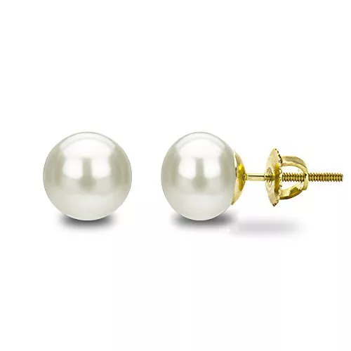 Pearl Stud Screw Back Earrings 14k Yellow Gold 8-8.5mm White Button-Shape