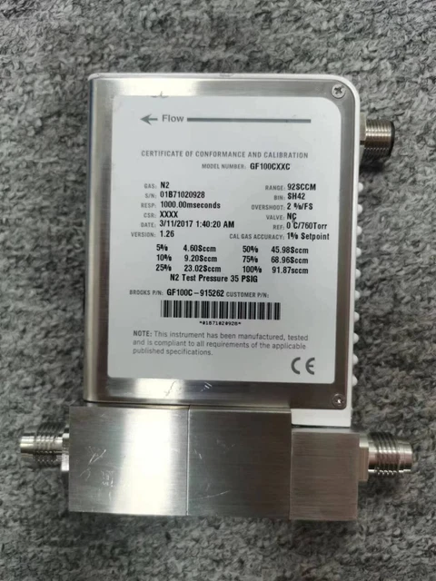 BROOKS GF100CXXC Mass Flow Controller, PN:GF100C-915262, N2, 92sccm, working