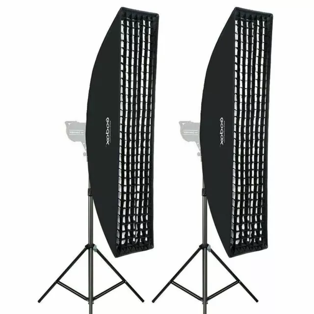 2Pcs Godox 35x160cm Bowens Mount Studio Strip Softbox with Grid + Light Stand