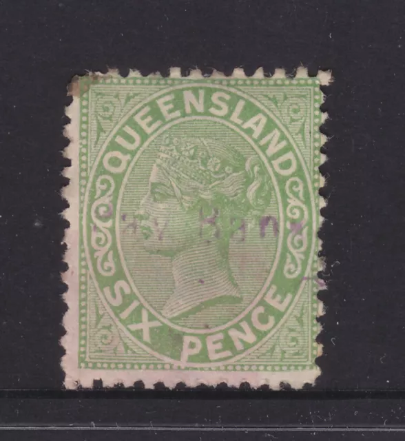 QLD:  1882  2ND SIDEFACE QV  6d GREEN   SG 196 F.USED. EXTENDED P IN PENCE