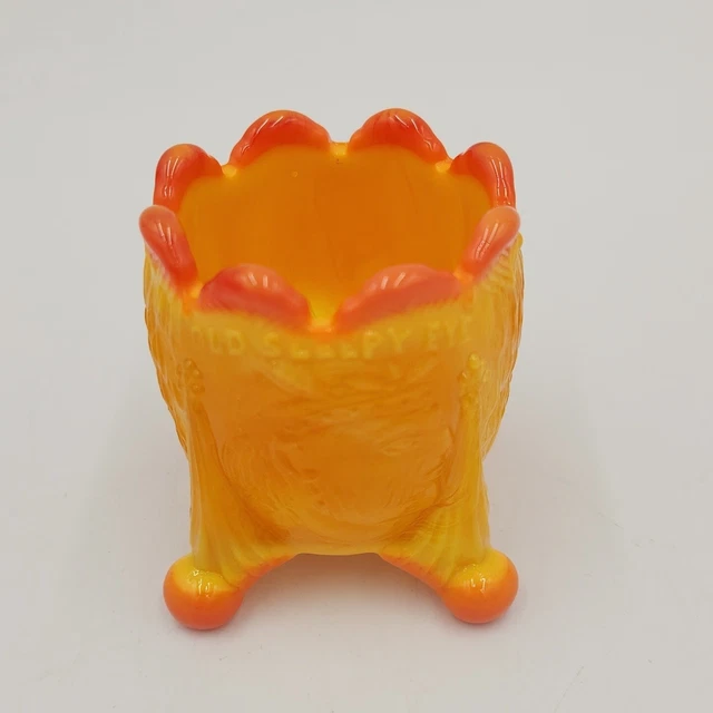 VINTAGE BOYDS OLD Sleepy Eye Orange Slag Glass Tooth Pick Holder GLOWS