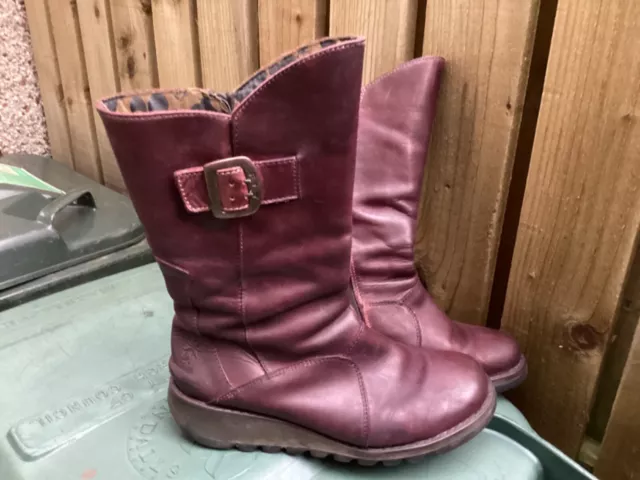 FLY LONDON burgundy violet LEATHER BUCKLE calf BOOTS SIZE 5 uk 38 eu