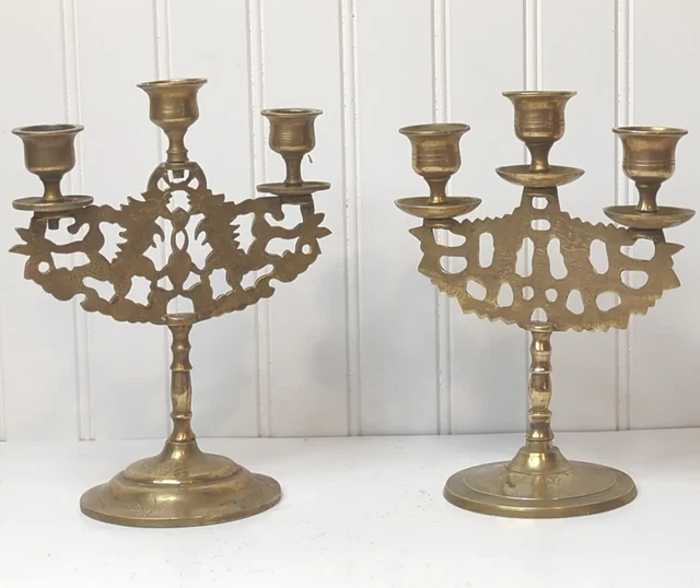Two Vintage Chinese Brass Hand Engraved Dragons Candelabra, 8" x 6" Nonmatching Two Vintage Chinese Brass Hand Engraved Dragons Candelabra, 8" x 6" Nonmatching