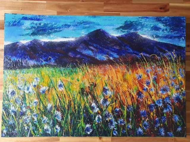 Large Original Contemporary Landscape Painting Mountains Floral 2