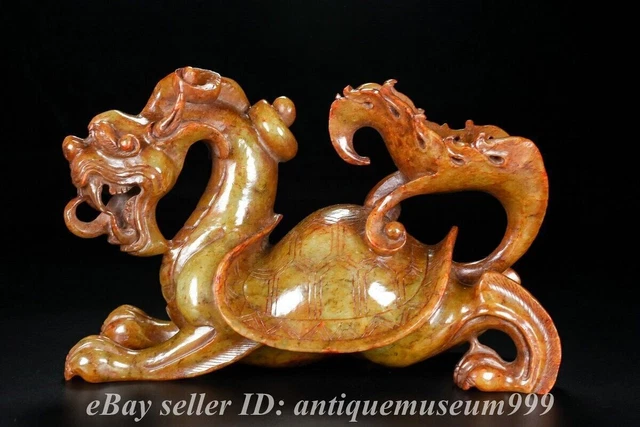 8" Chinese Natural Hetian Jade Nephrite Carving Dragon turtle Statue Sculpture