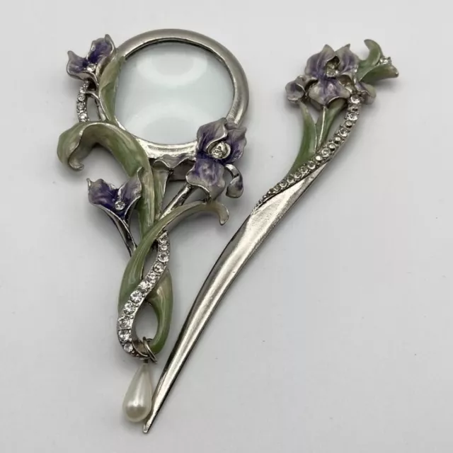 Desk Set Pewter Enamel & Rhinestone Letter Opener, Magnifying Glass Art Nouveau