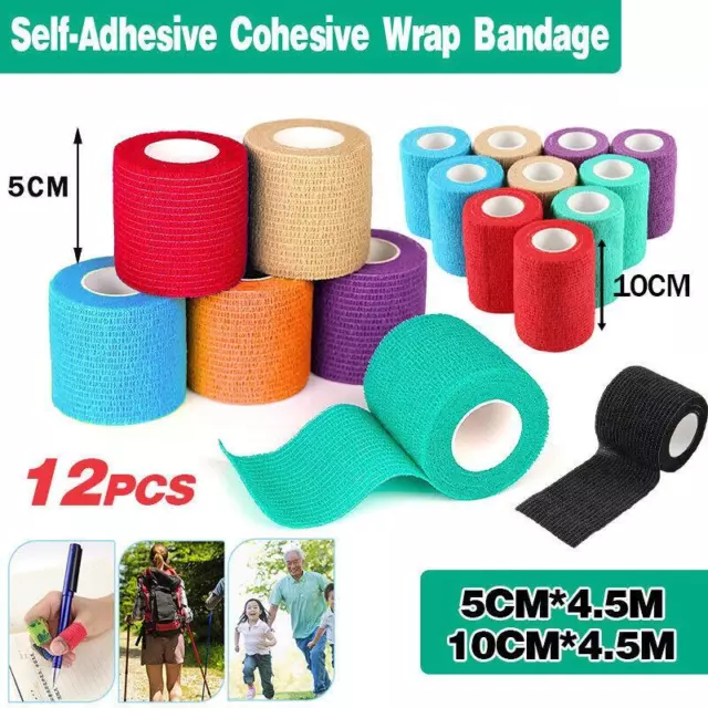 12× Self-Adhesive Cohesive Wrap Bandage Pet Vet Wrap First Tapes Multi-Sizes AU