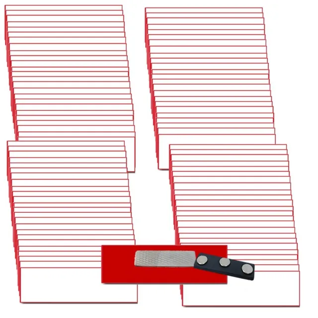 100 Blank 1 X 3 White / Red Name Badge Kit (U) Tags Beveled Edges Magnets Labels