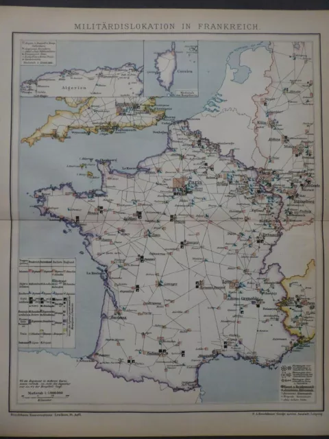 Landkarte Militärdislokation in Frankreich, Brockhaus um 1898