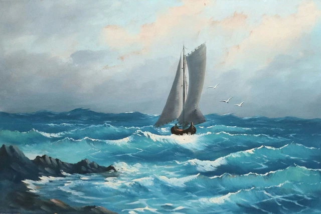 Paysage marin antique de peinture à l'huile avec le bateau