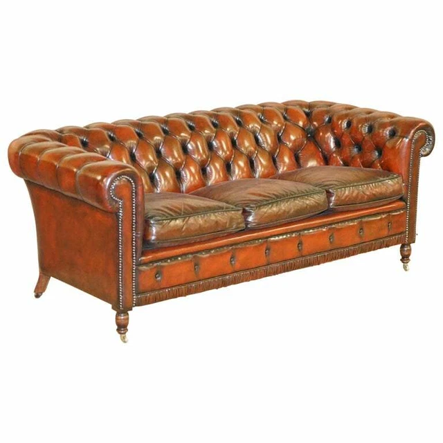 Restored Vintage Oxblood Bordeaux Leather Chesterfield Club Sofa On Turned Legs