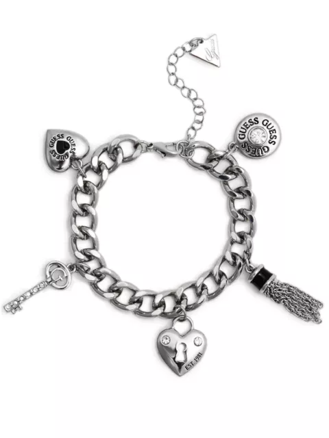 NWT Guess Silver-tone Metal-Clear Rhinestones-Black Enamel Multi Charm Bracelet