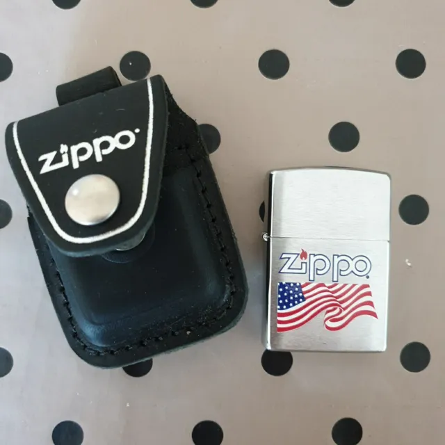 Zippo Vintage lighter Brushed Chrome USA Flag New + leather case  with belt loop