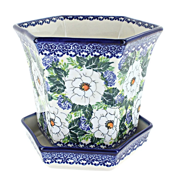 Blue Rose Polish Pottery Queen's Garden Large Hexagonal Flower Pot