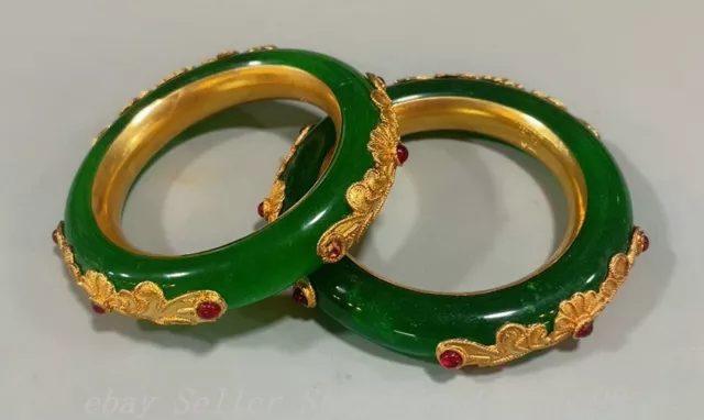 Old Chinese Dynasty Copper Gold Green Jade Gems Flower Bracelet Bangle Piar