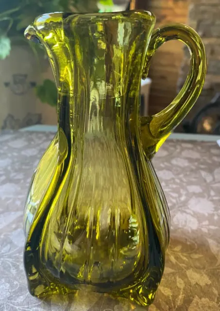Vintage Olive Green Heavy Blown Glass Fluted Edge Pitcher 6” Unusual Bottom