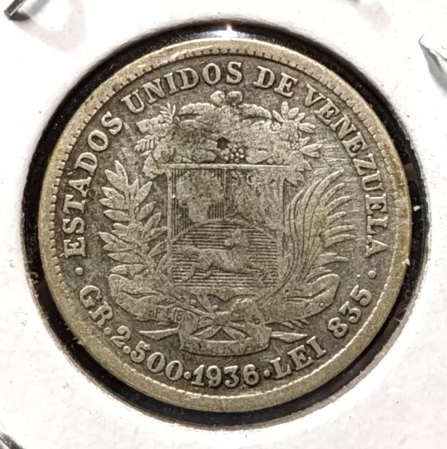 1936 Venezuela 1/2 Half Bolivar 2.5g .835 Silver Coin Y#21