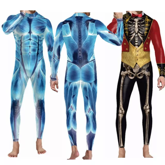 Men Halloween Jumpsuit Cosplay Costume 3D Skeleton Print Bodysuit Skinny Catsuit
