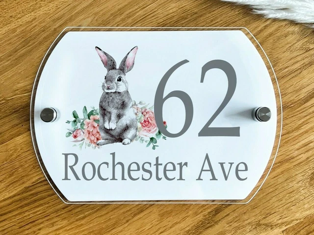 Personalised Acrylic External Door Number Plates Plaques Bunny Rabbit and Flower